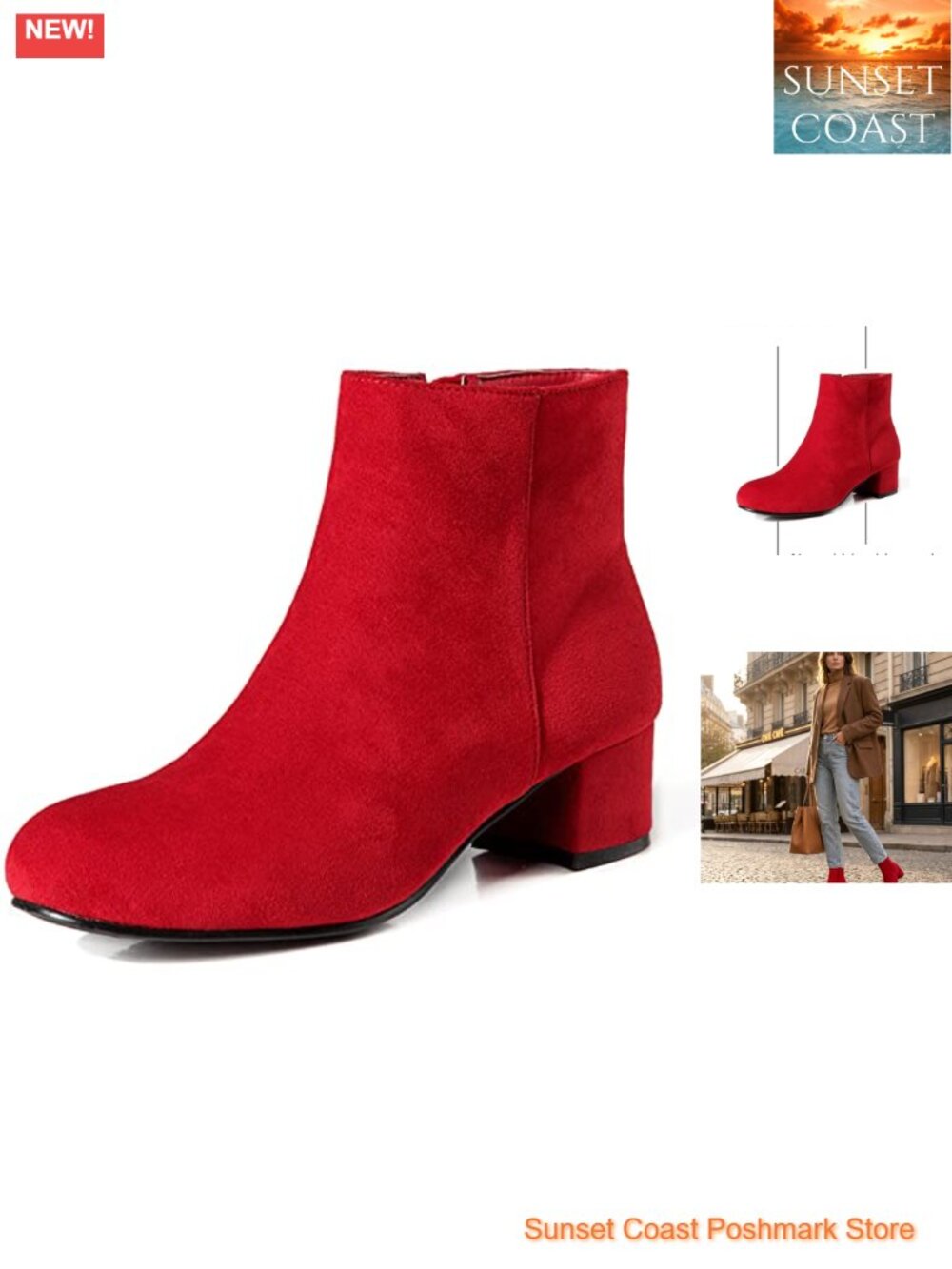 Womens Suede Ankle Boots Low Chunky Heel Round Toe Dress Booties